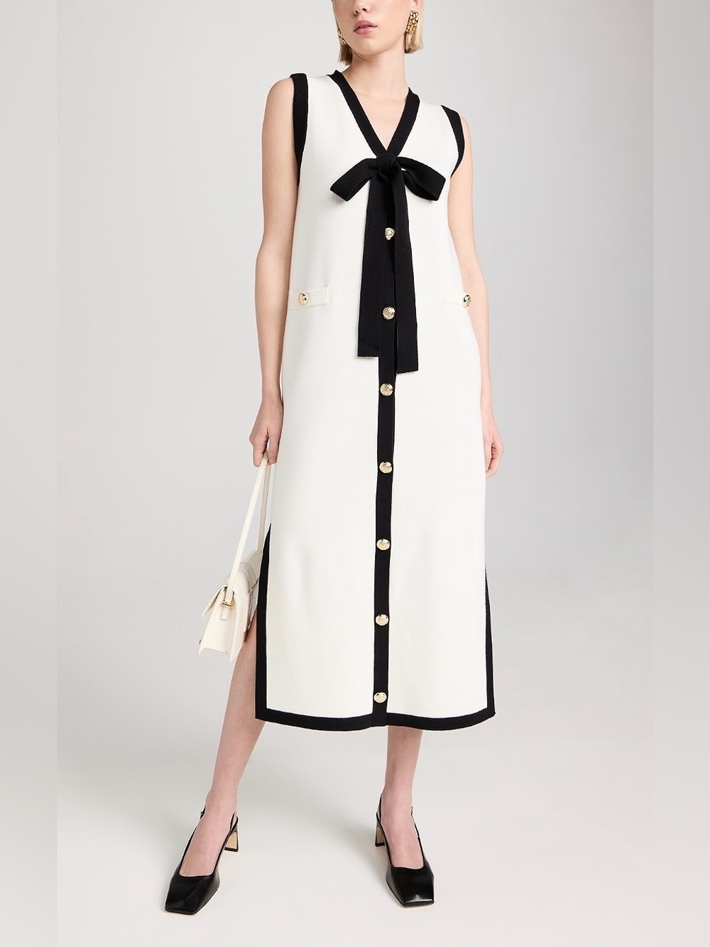 English Factory Ivory Knit Midi Dress Ribbon Tie Neck Black White Trim L